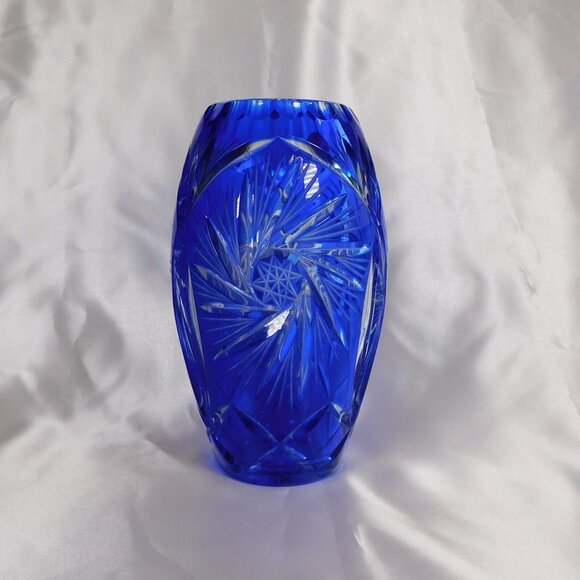 Blue Cut to Clear Crystal Clear of Poland Vase # 22206 - Picture 1 of 8